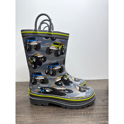 Western Chief Rain Boots Boys 11/12 Gray Monster Truck Camo Waterproof EUC0