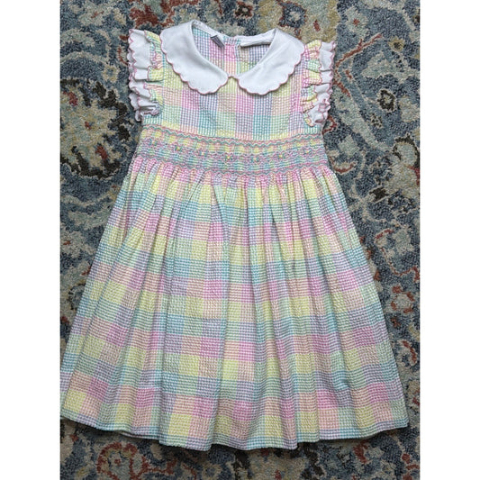 Christie Brooks Smocked Dress Girls 5/6 Pastel Gingham Seersucker0