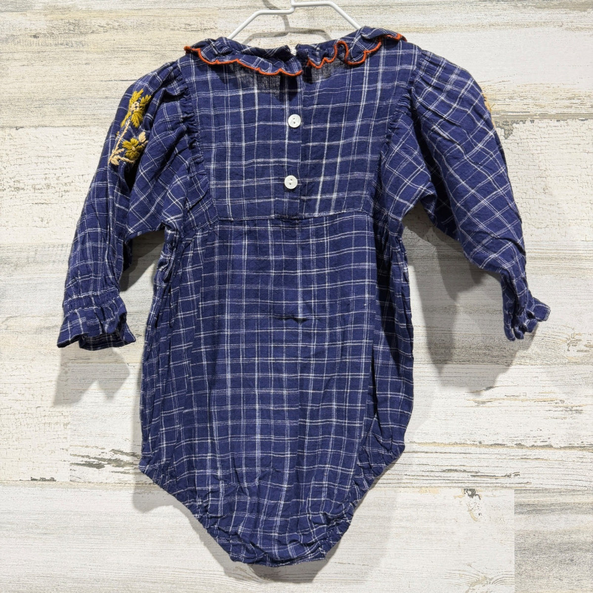 Lali Embroidered Bubble Romper Girls 12M Blue Plaid Floral NWT *Flawed3
