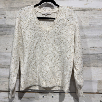 LOFT V-Neck Pullover Sweater Womens S Cream Gold Metallic Knit Holiday EUC0