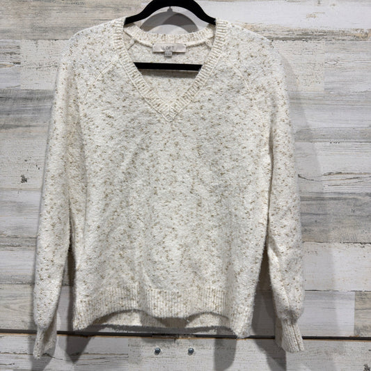 LOFT V-Neck Pullover Sweater Womens S Cream Gold Metallic Knit Holiday EUC0