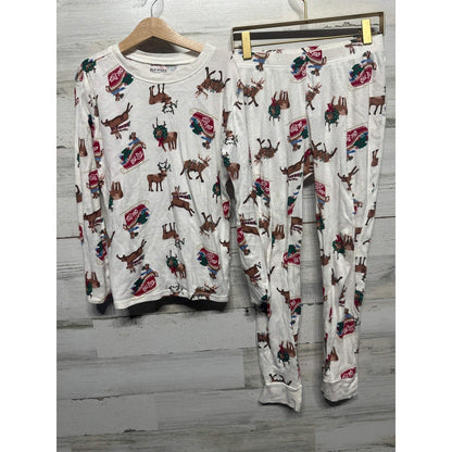 Old Navy Pajama Set Youth XL White Reindeer Sleigh Print EUC0