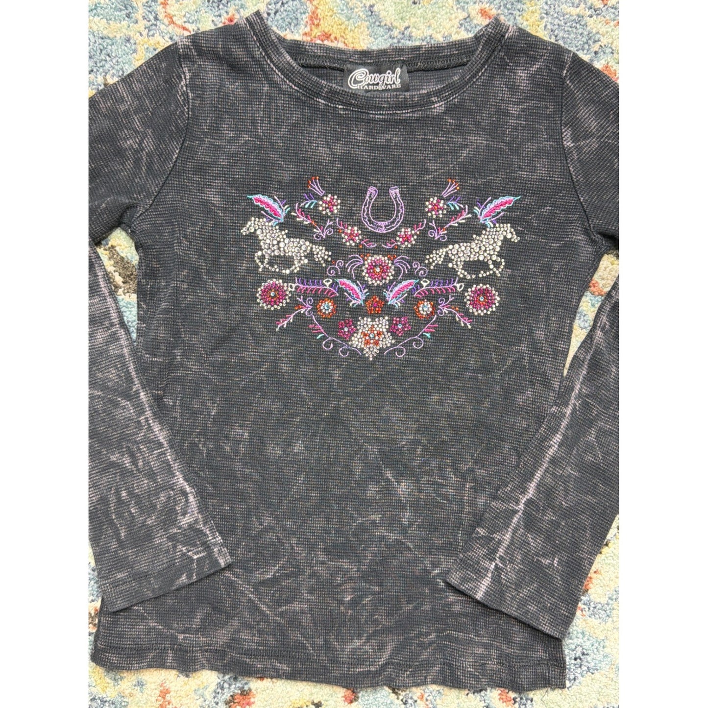 Cowgirl Hardware Thermal Shirt Girls Small Gray Rhinestone Horse Western EUC0
