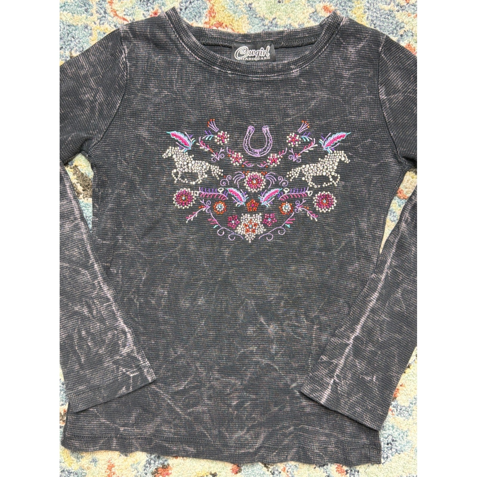 Cowgirl Hardware Thermal Shirt Girls Small Gray Rhinestone Horse Western EUC0