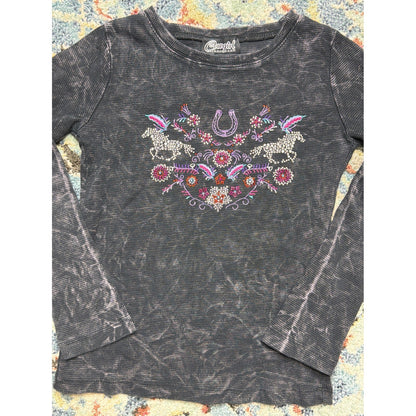 Cowgirl Hardware Thermal Shirt Girls Small Gray Rhinestone Horse Western EUC0