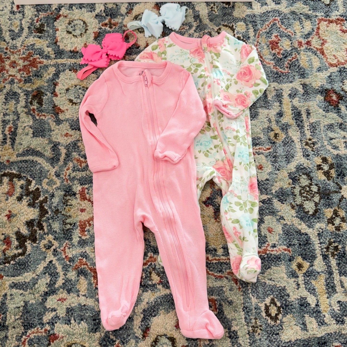 Baby Essentials Footed Romper Girls 6M Pink Floral Ribbed Bows Bundle EUC0