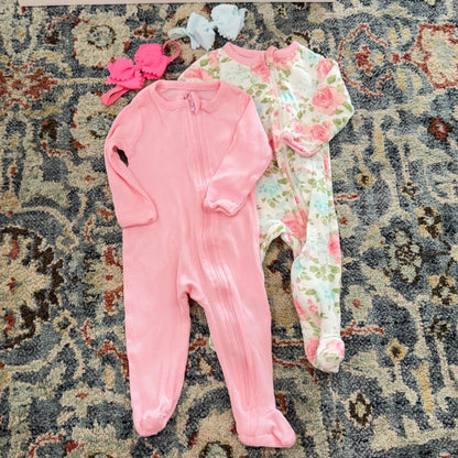 Baby Essentials Footed Romper Girls 6M Pink Floral Ribbed Bows Bundle EUC0