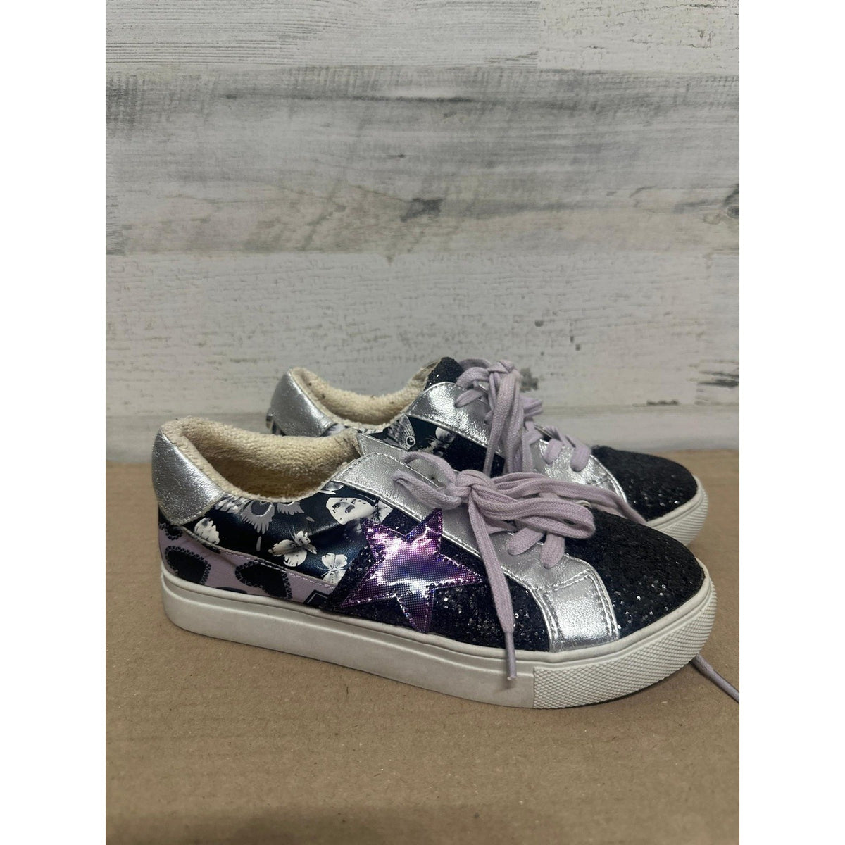 Steve Madden Sneakers Kids Youth 3 Black Silver Glitter Star Butterfly0