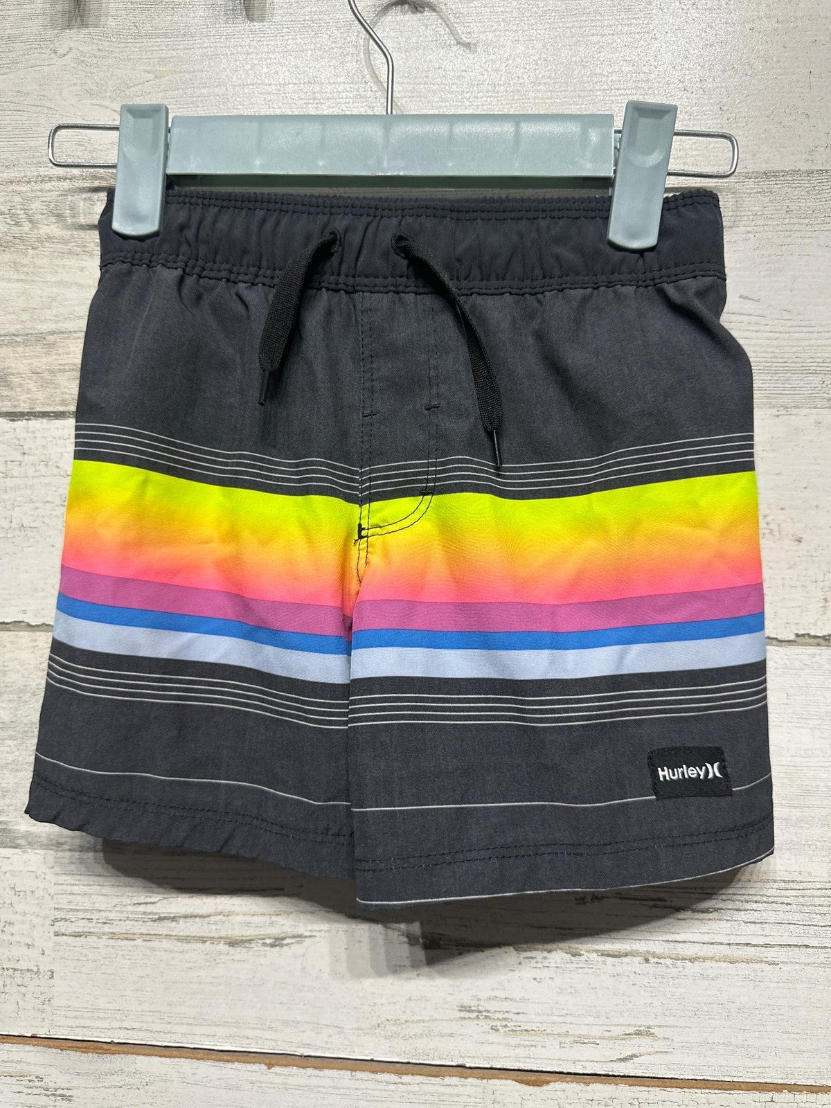 Hurley Swim Trunks Boys Size 4 Black Rainbow Stripe UPF 50+ EUC0