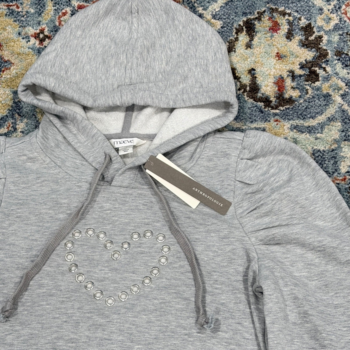 Maeve Anthropologie Hoodie Women XS Gray Grommet Heart Puff Sleeve Coquette NWT0