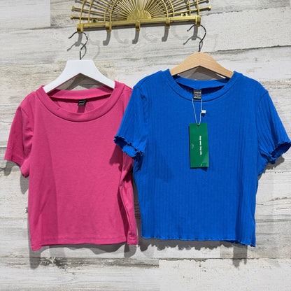 SHEIN Ribbed Crop Top Set Women M Blue Pink Lettuce Trim Y2K Basics0
