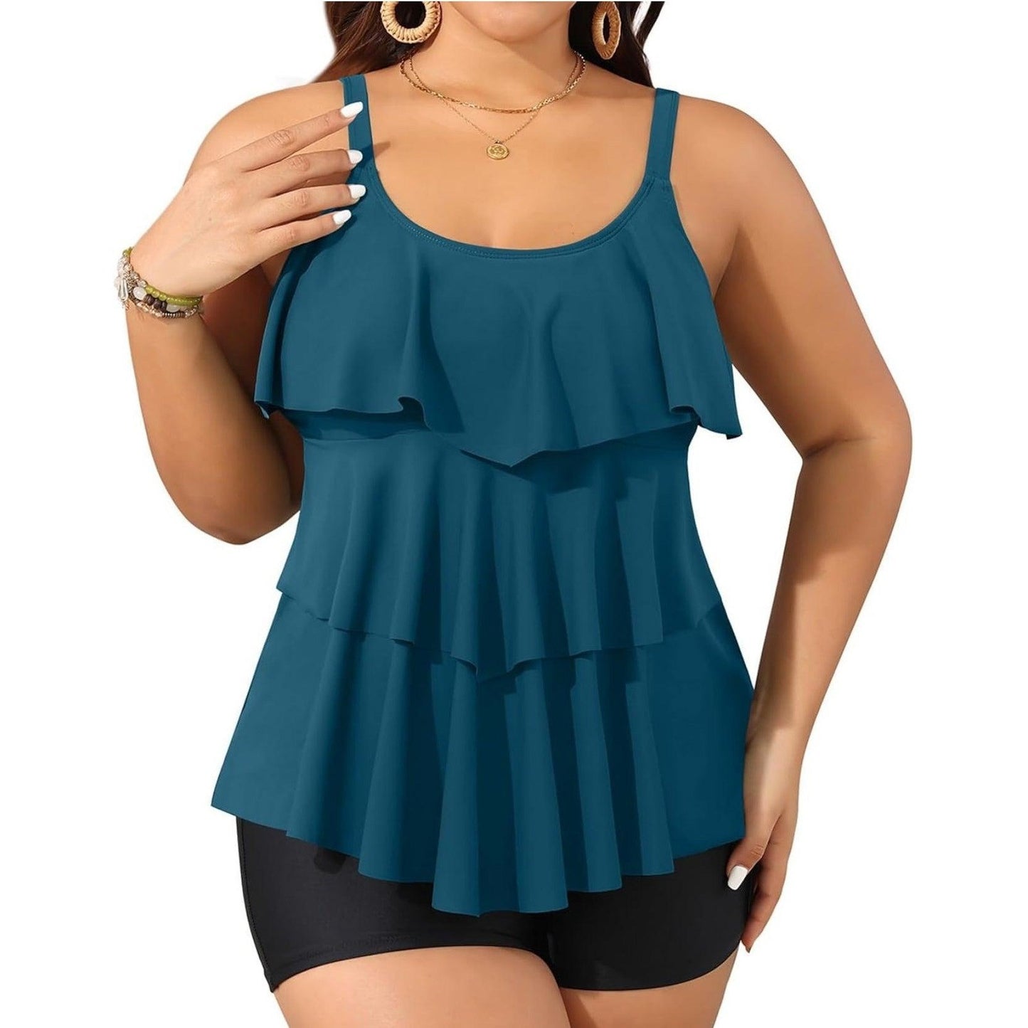 Yonique Tankini Swimsuit Women 16W Teal Black Ruffle Tummy Control NWT3