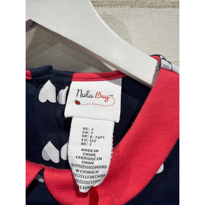 Nula Bug Heart Print Dress Girls 7 Navy Blue Peter Pan Collar Preppy NWT2