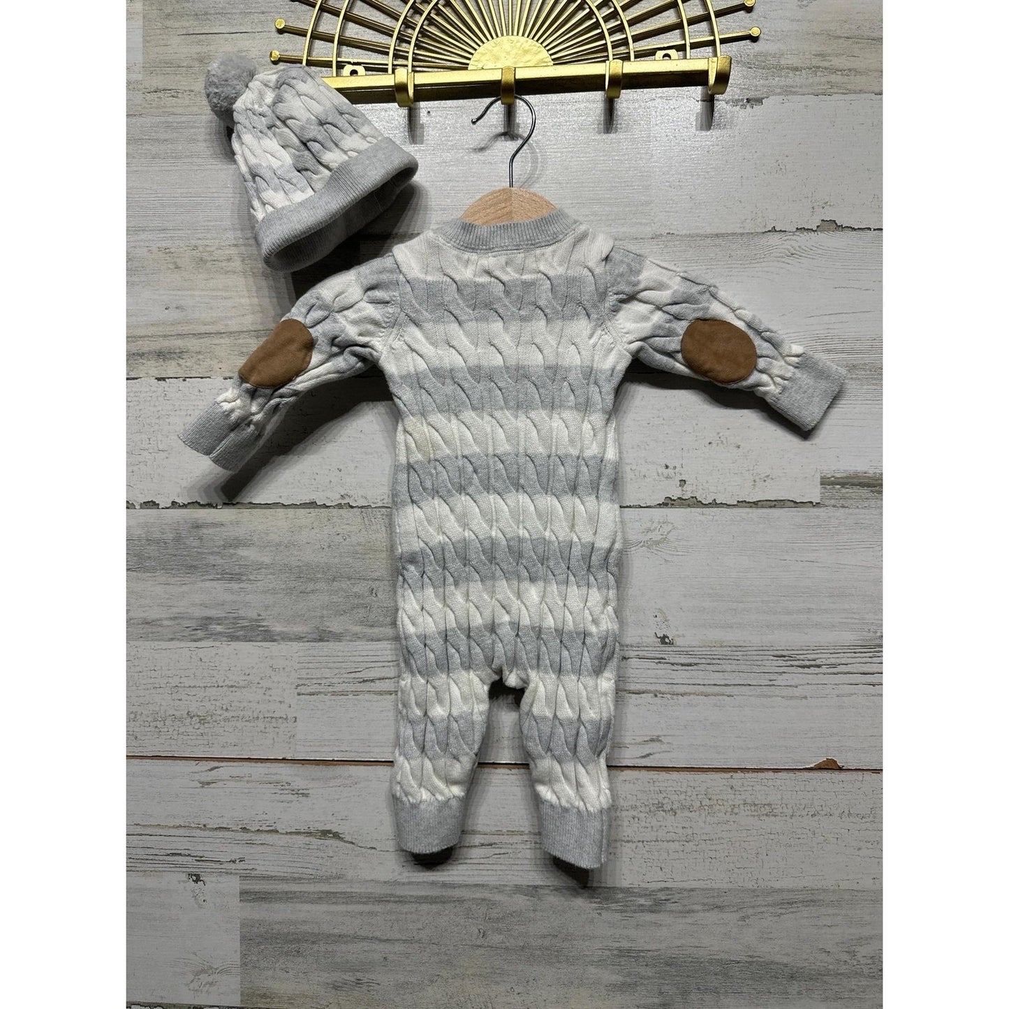 Hope & Henry Sweater Romper Boys 0-3M Gray Organic Cotton Cable Knit EUC3
