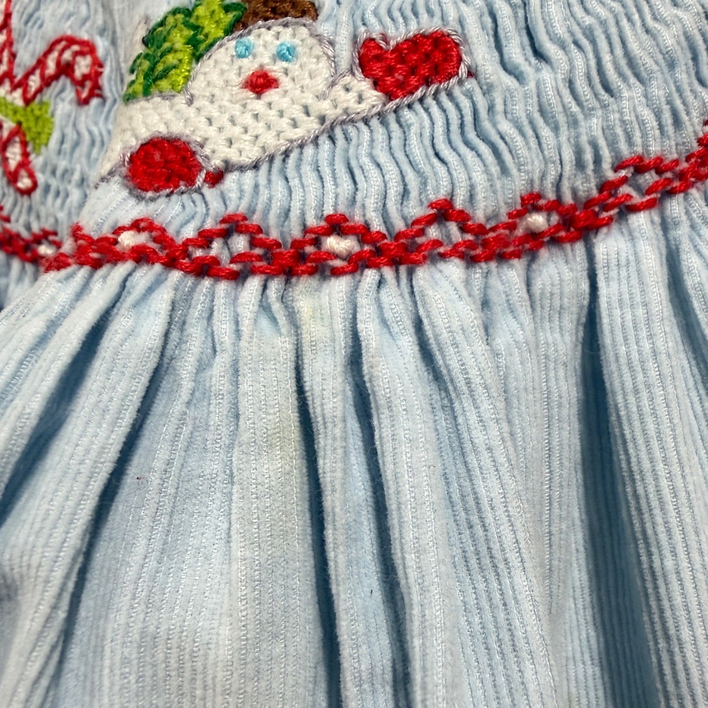 Smocktions Smocked Dress 2T Blue Corduroy Snowman Christmas Holiday *Flawed4
