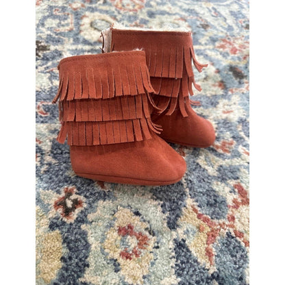 Fringe Booties Kids Girls 12-18m Rust Faux Suede Boho Soft Sole EUC0