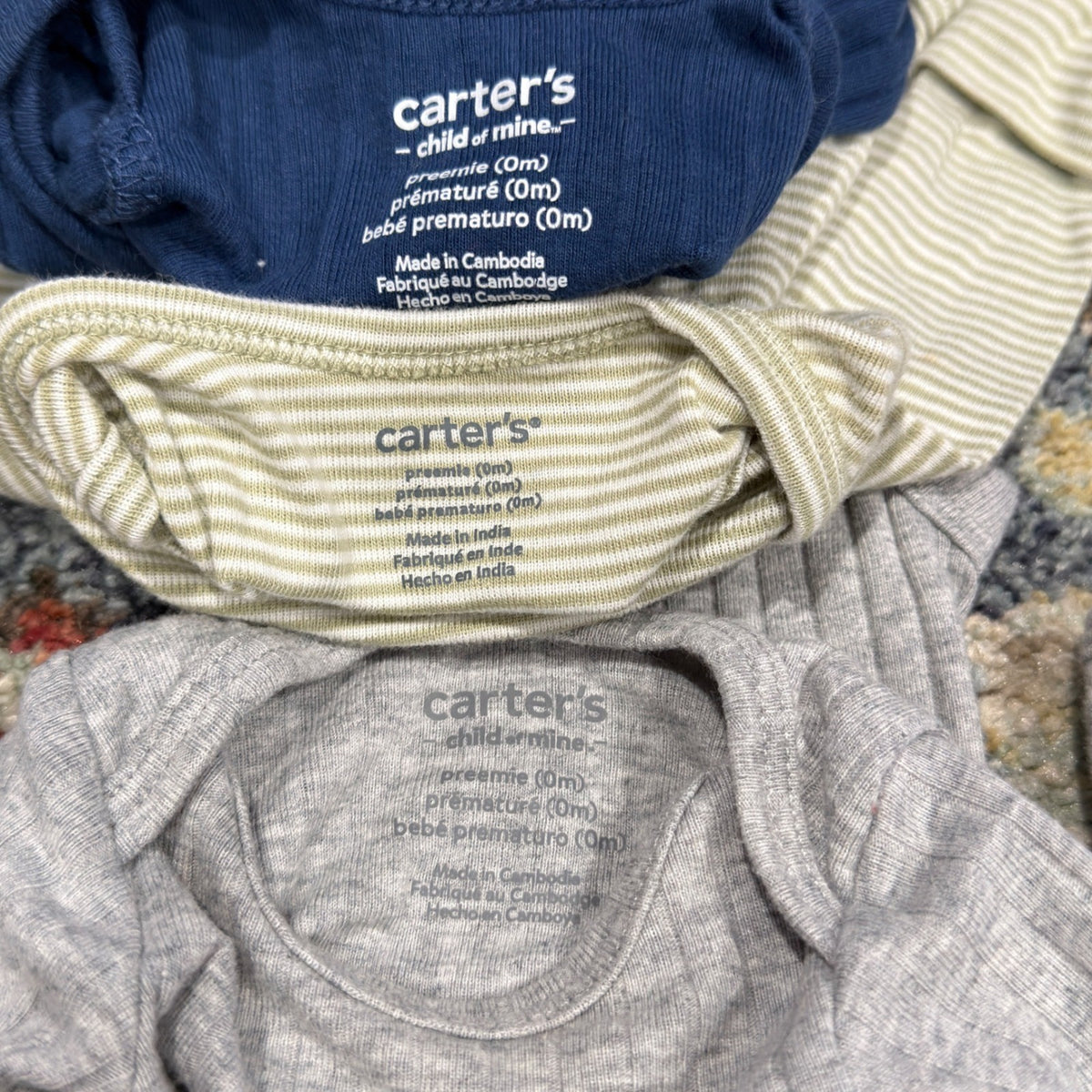 Carter's Bodysuits Boys Preemie Navy Grey Striped Ribbed Basic EUC2