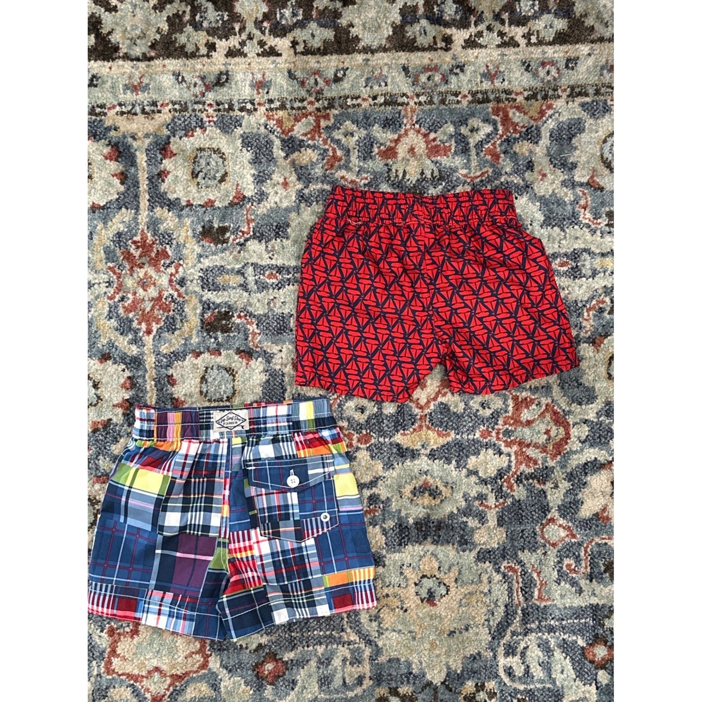 Boys 12-18M  Swim Trunks Bundle Red Plaid Bundle EUC1