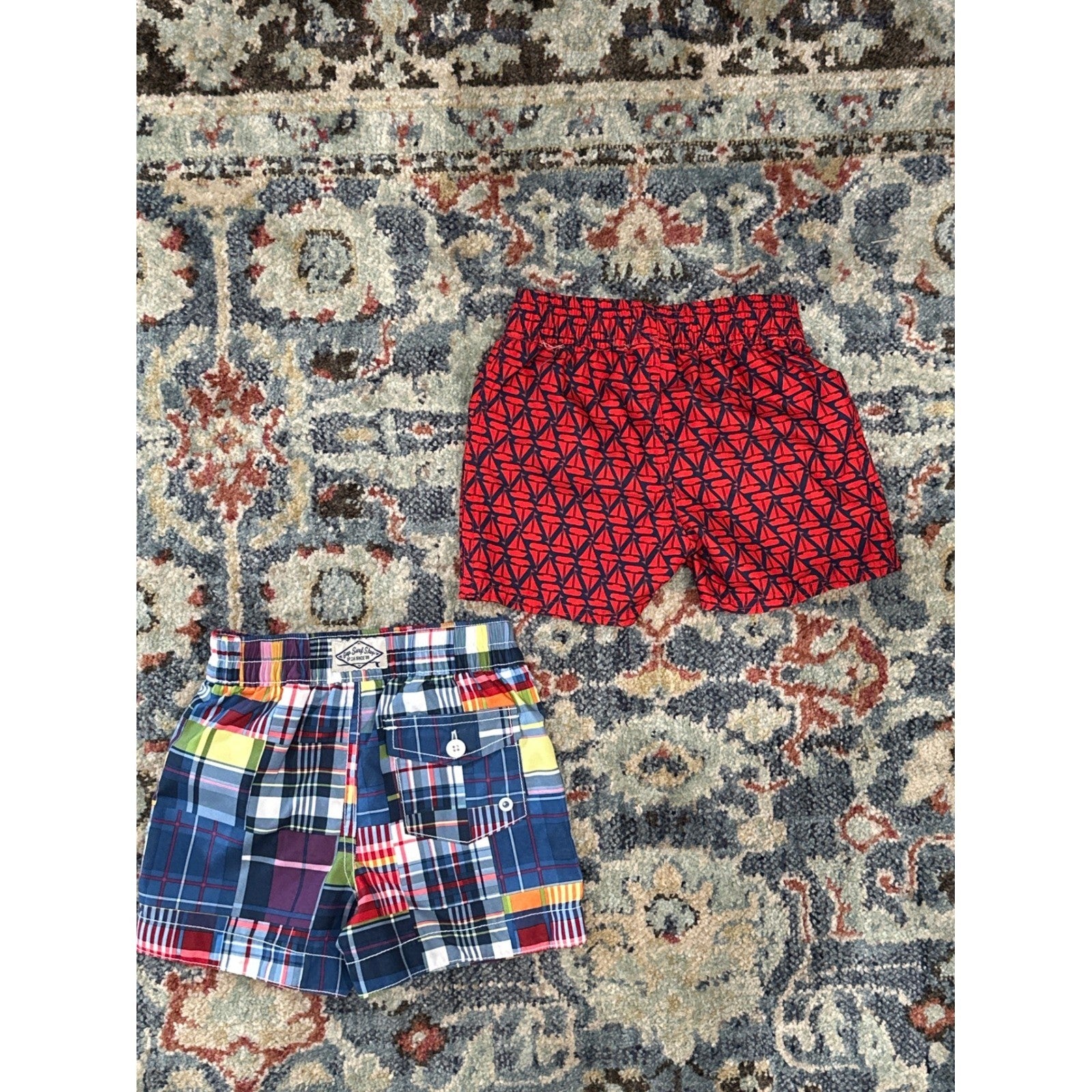 Boys 12-18M  Swim Trunks Bundle Red Plaid Bundle EUC1