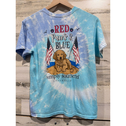 Simply Southern Tee Girls Large Blue Red Paws & Blue Patriotic Preppy EUC0