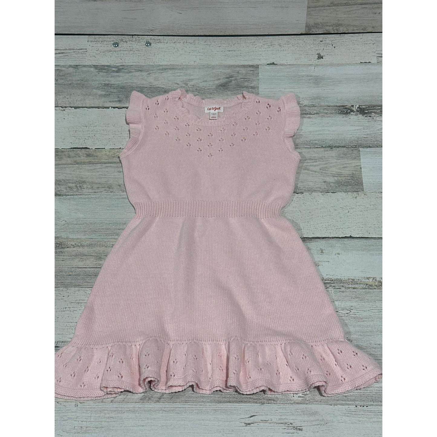 Cat & Jack Sweater Dress Girls S 6/7 Pink Ruffle Pointelle Knit EUC0