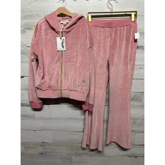 Jessica Simpson Tracksuit Set Girls 12 Blush Pink Velour Zip Hoodie Flare NWT0