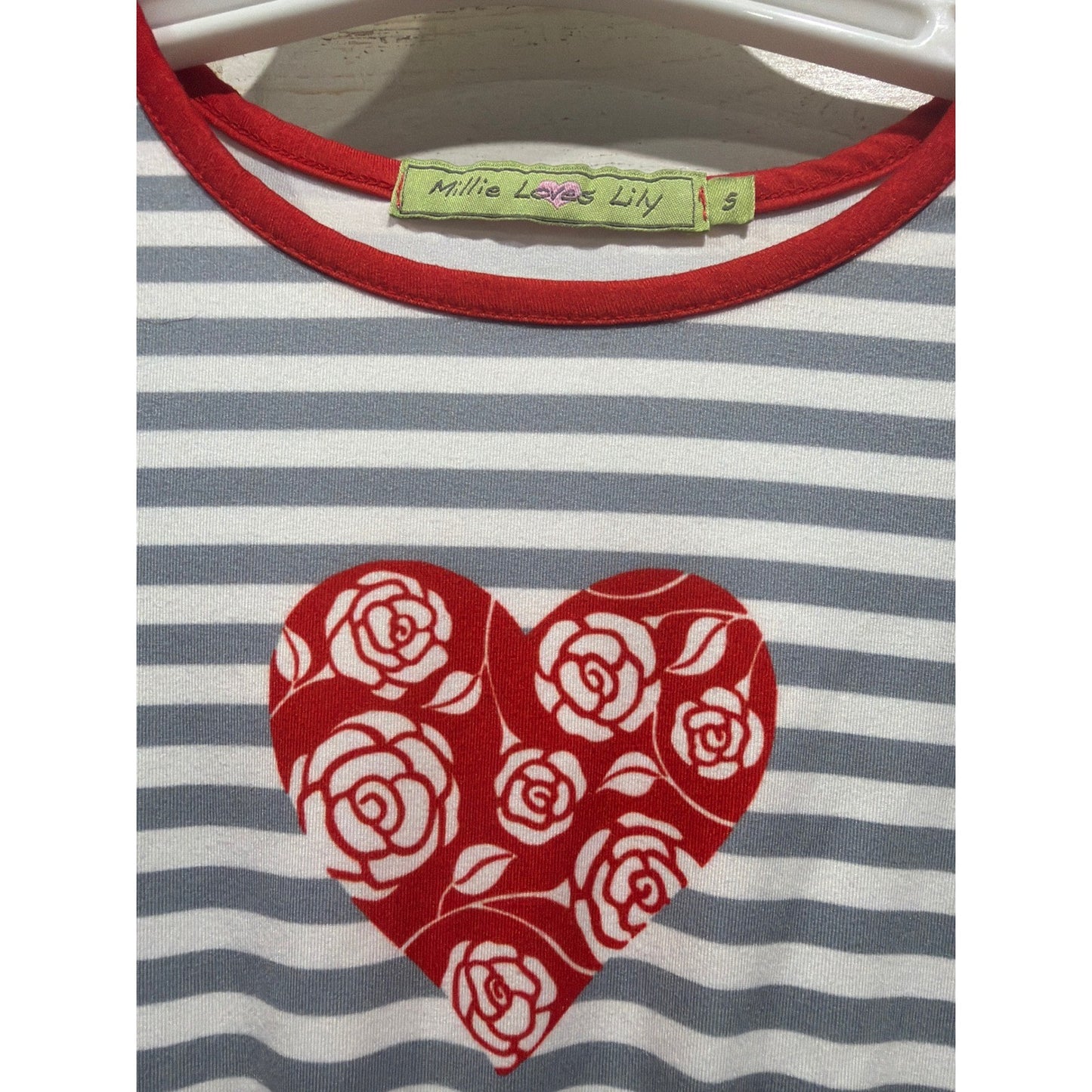 Millie Loves Lily Dress Girls 5 Red Gray Heart Stripe EUC1