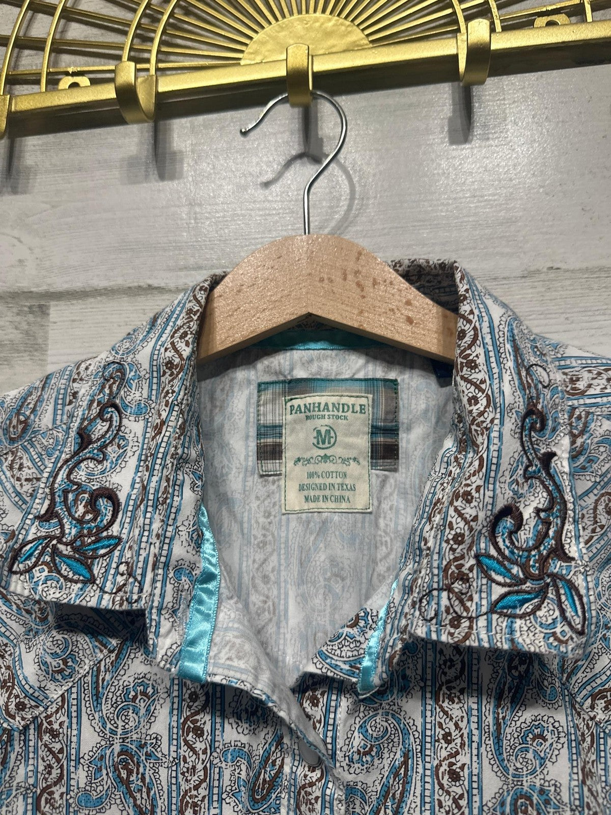 Panhandle Rough Stock Western Shirt Mens M Blue Paisley Embroidered Snap EUC1