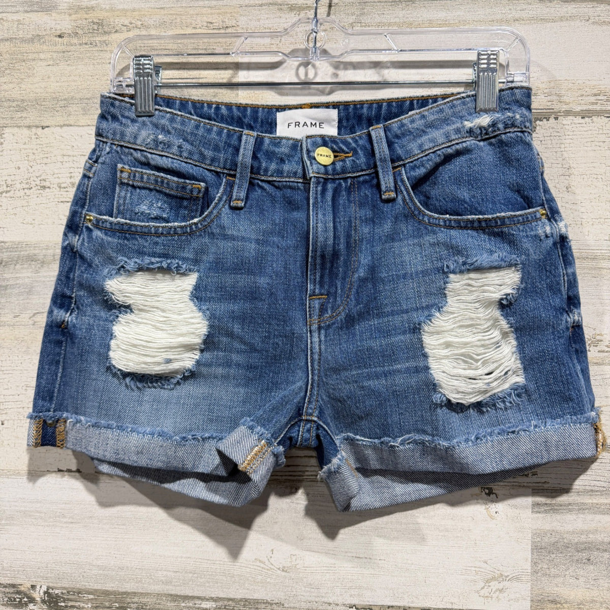 FRAME Le Grand Garcon Denim Shorts Women 23 Blue 100% Cotton Distressed Heron0