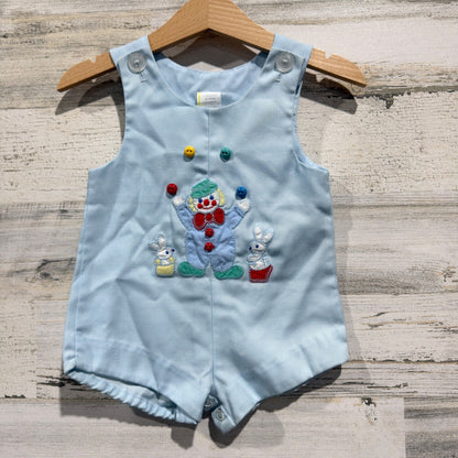 Vintage Clown & Bunny Romper Boys 3-6 Months Blue Poly Cotton 80s Style Flawed*0