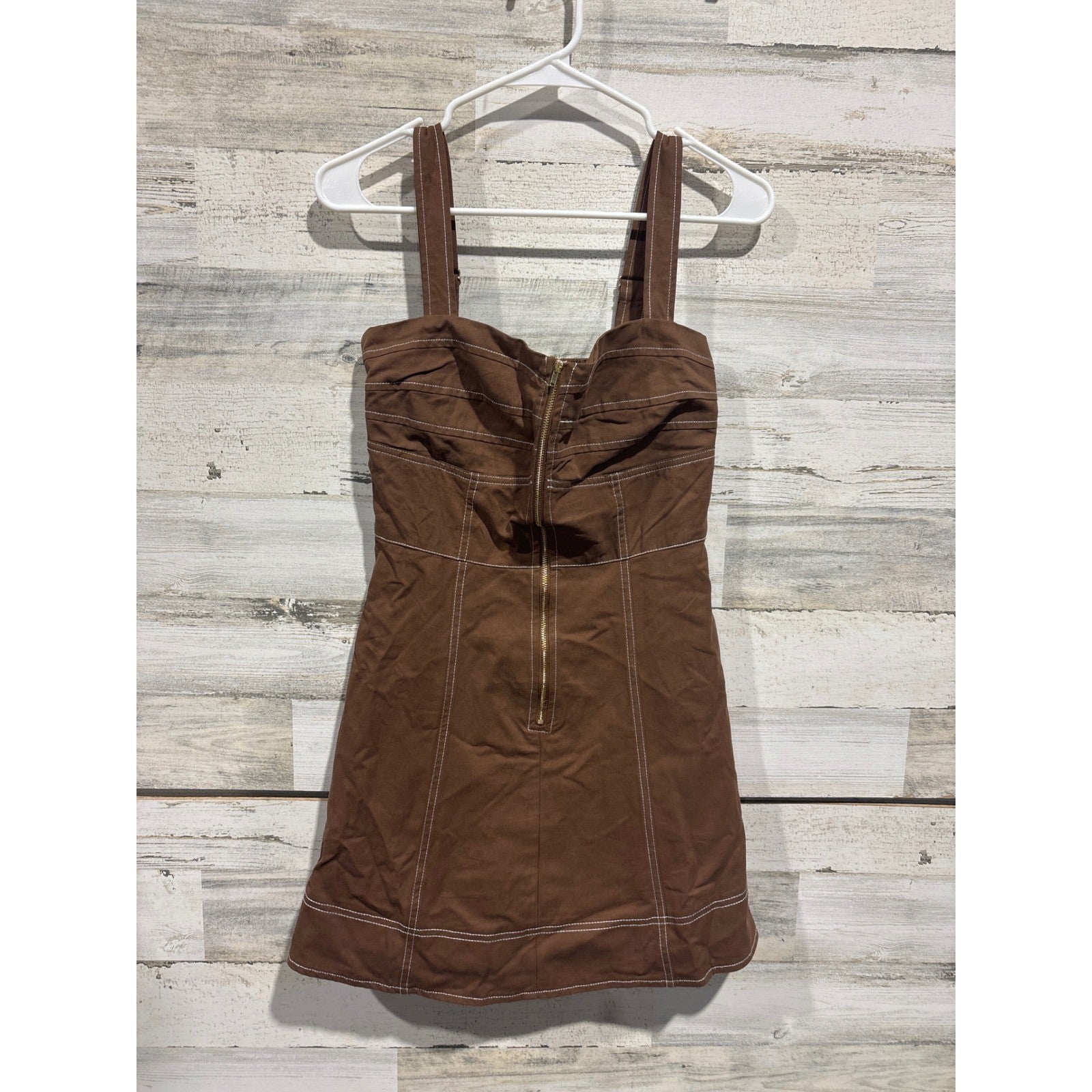 Baby Pink Maplewood Mini Dress Women Small Brown Contrast Stitch Zip Front EUC0