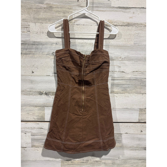 Baby Pink Maplewood Mini Dress Women Small Brown Contrast Stitch Zip Front EUC0
