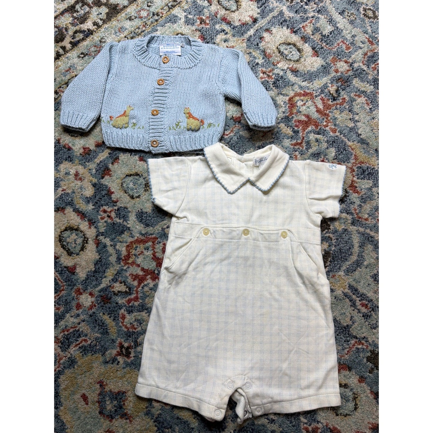 Ralph Lauren Bella Bliss Romper Cardigan Set Boys 6M Blue White Preppy *Flawed0