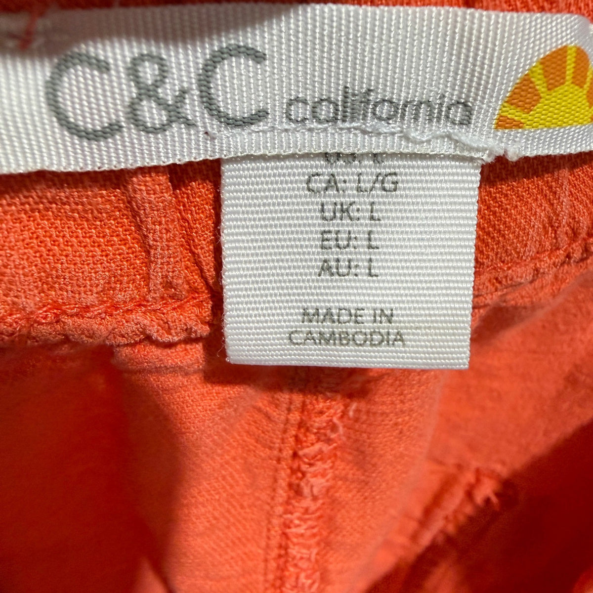 C&C California Linen Blend Pull On Shorts Womens Large Orange Ruffle Hem Summer3