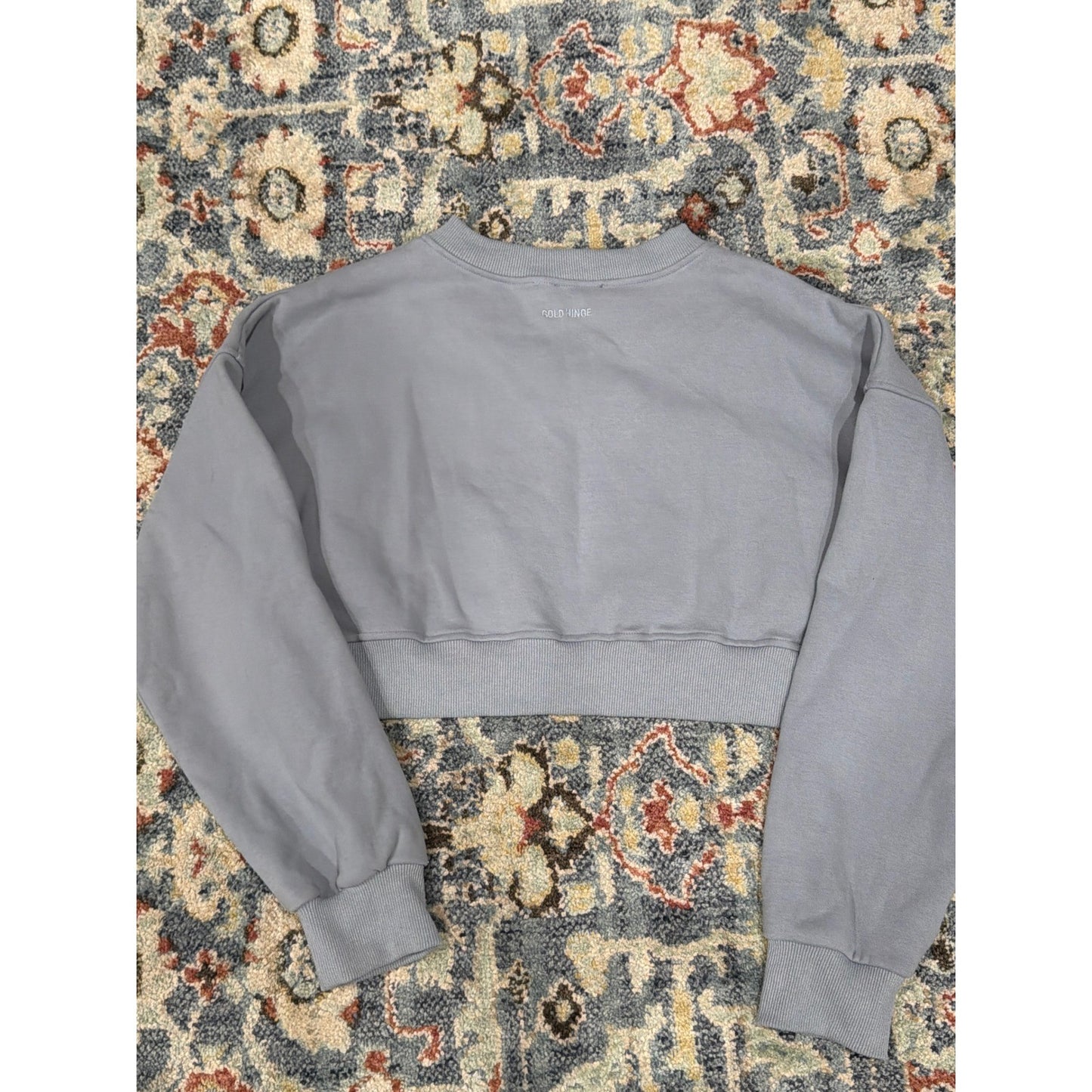 Gold Hinge Cropped Sweatshirt Women Large Blue V-Neck Pullover EUC3