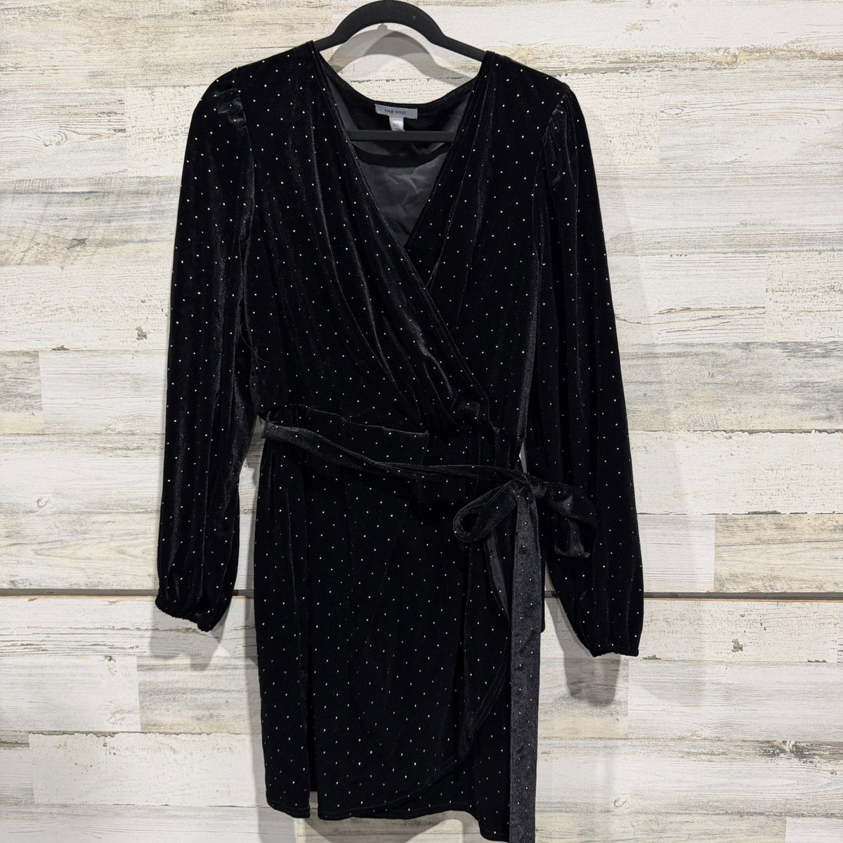 Nine West Velvet Wrap Dress Women XXL Black Silver Pin Dot Metallic Holiday EUC0