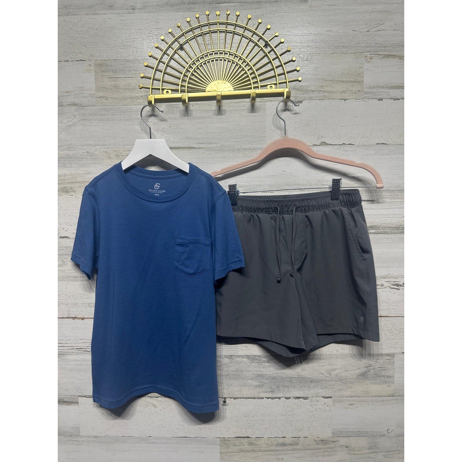 Class Club T-Shirt and 90 Degrees Shorts Set Boys 10/12 Blue Grey Pocket Tee EUC0