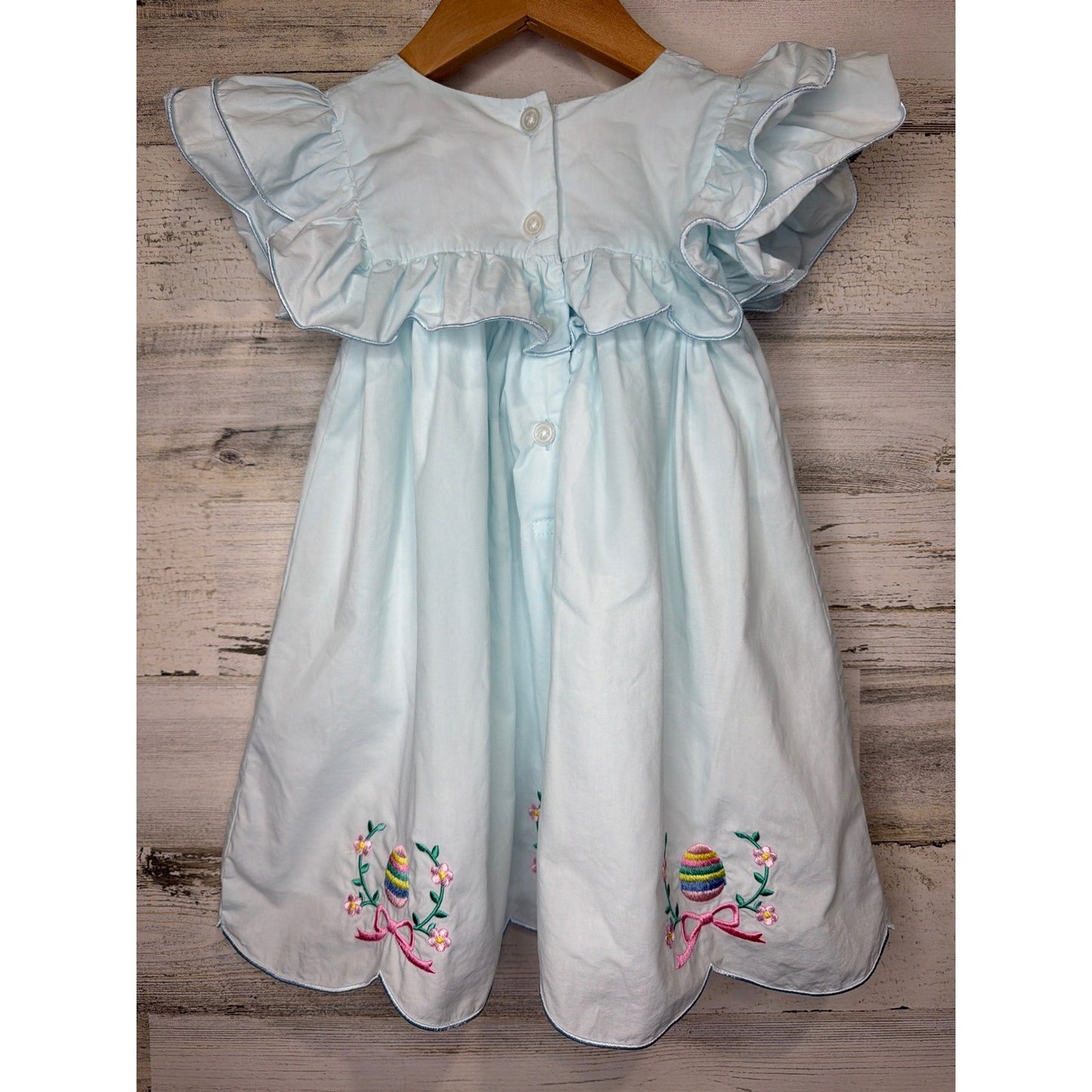 Classic Whimsy Easter Dress Girls 3T Blue Embroidered Egg Ruffle Scallop3