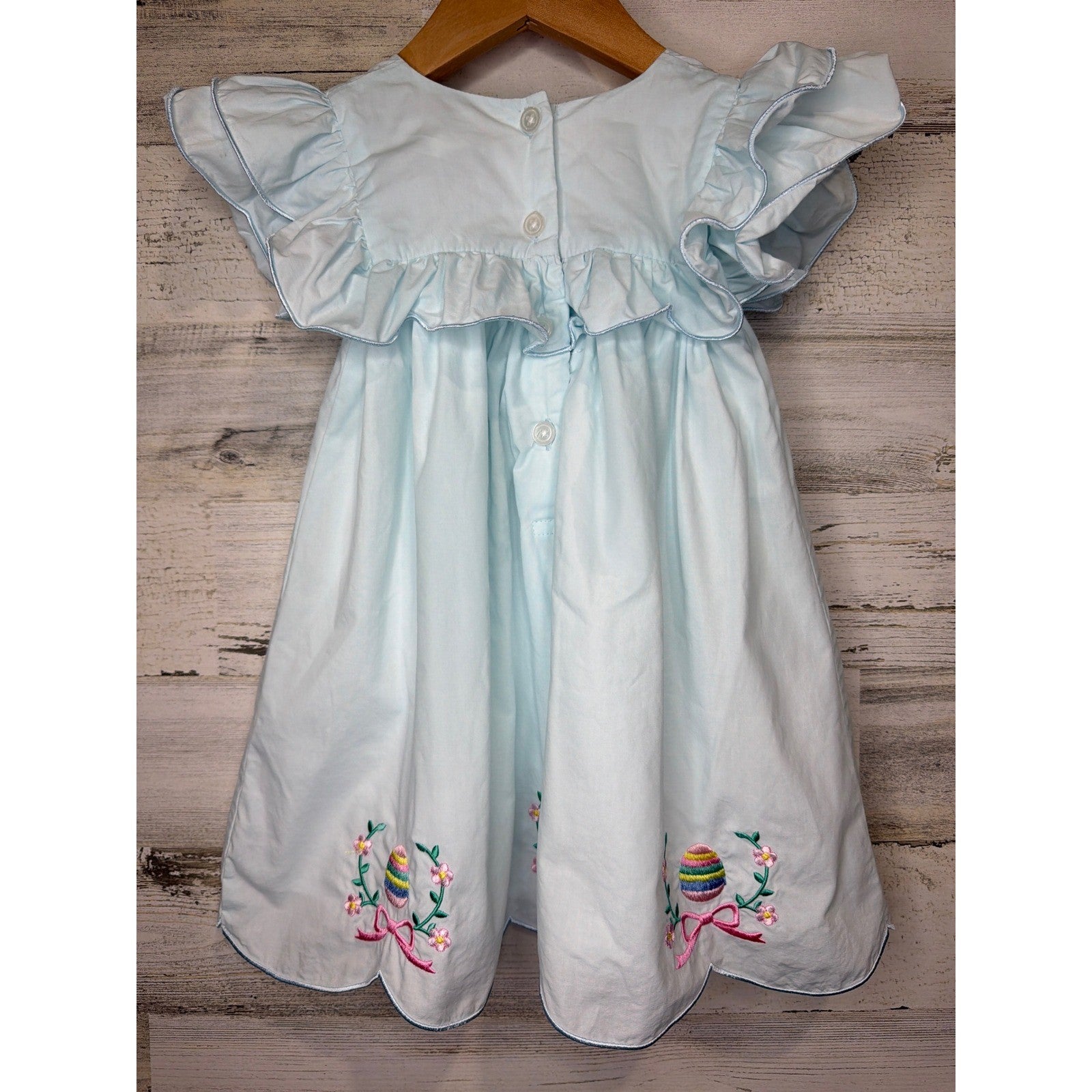Classic Whimsy Easter Dress Girls 3T Blue Embroidered Egg Ruffle Scallop3