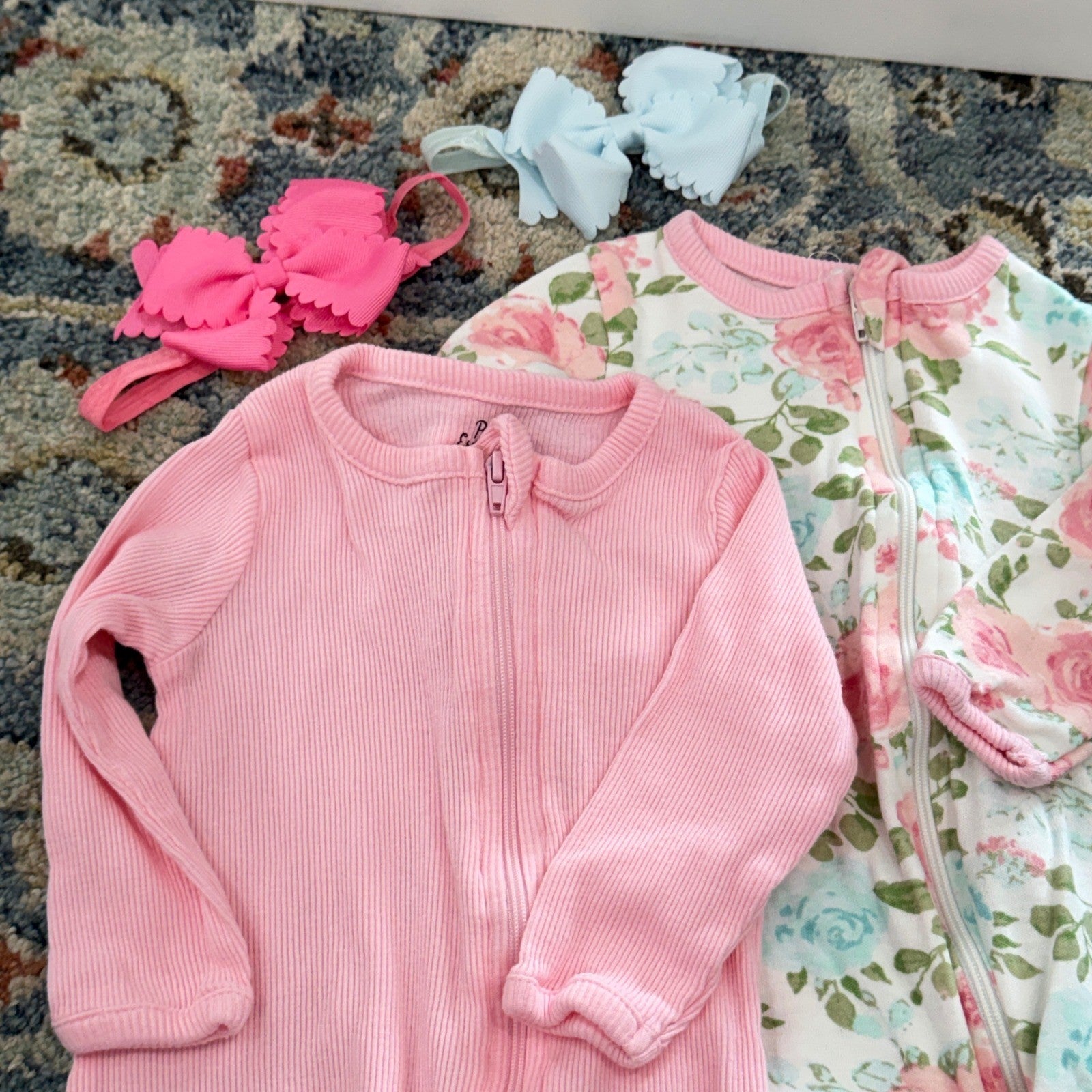 Baby Essentials Footed Romper Girls 6M Pink Floral Ribbed Bows Bundle EUC1