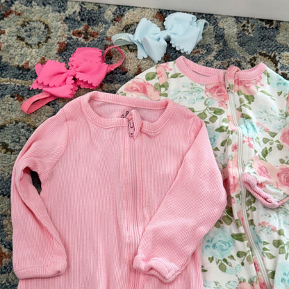 Baby Essentials Footed Romper Girls 6M Pink Floral Ribbed Bows Bundle EUC1