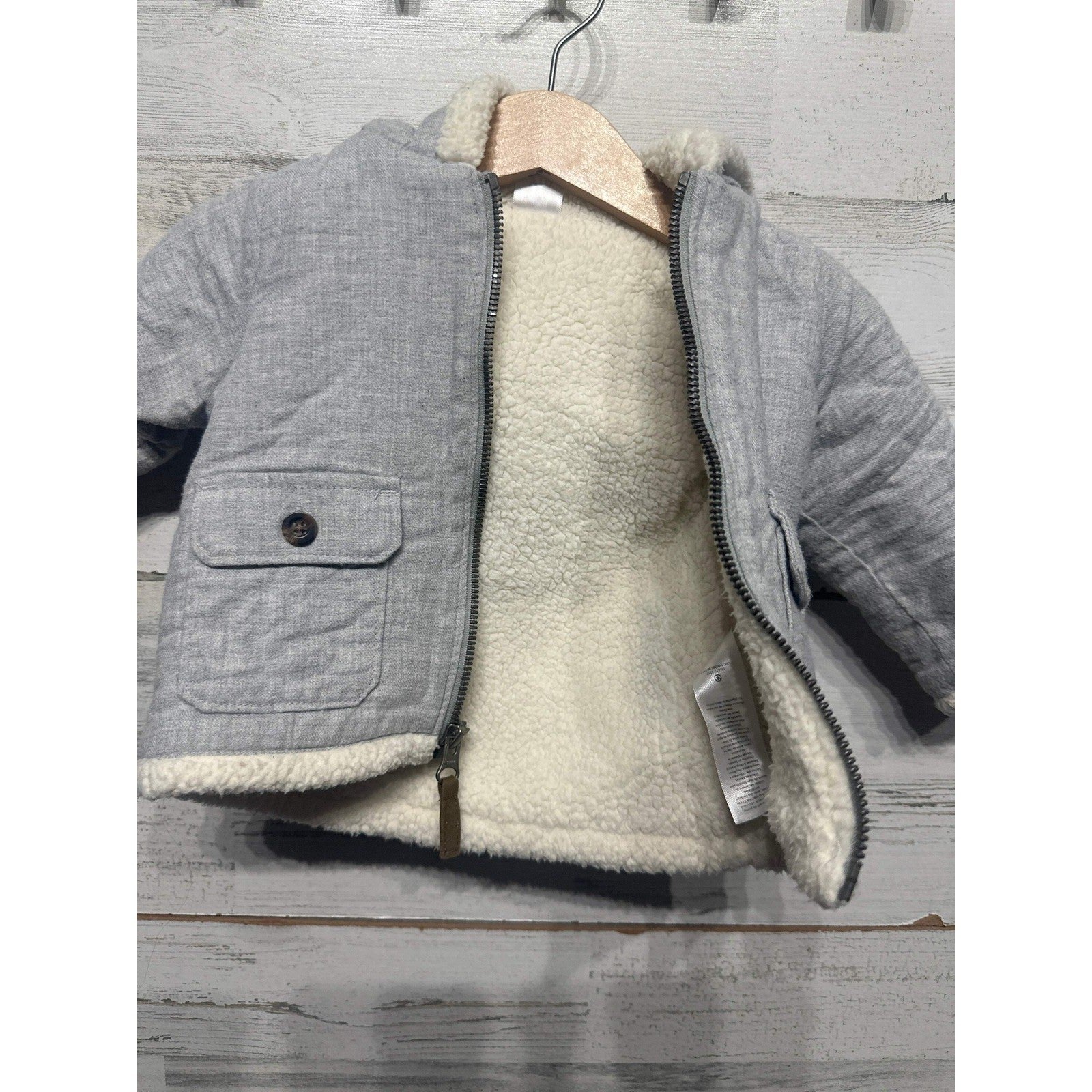 Carter's Sherpa Lined Hooded Jacket Boys 9M Grey Zip Up Winter Coat EUC2