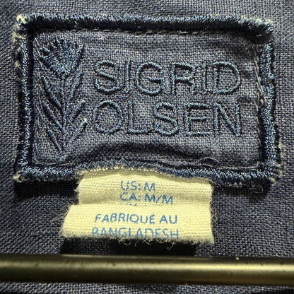 Sigrid Olsen Linen Shirt Women M Navy Blue Roll Tab Sleeve Coastal *Flawed*1