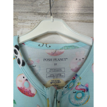 Posh Peanut Pajamas Girls 3T Blue Donut Animal Convertible Bamboo Sleeper EUC1
