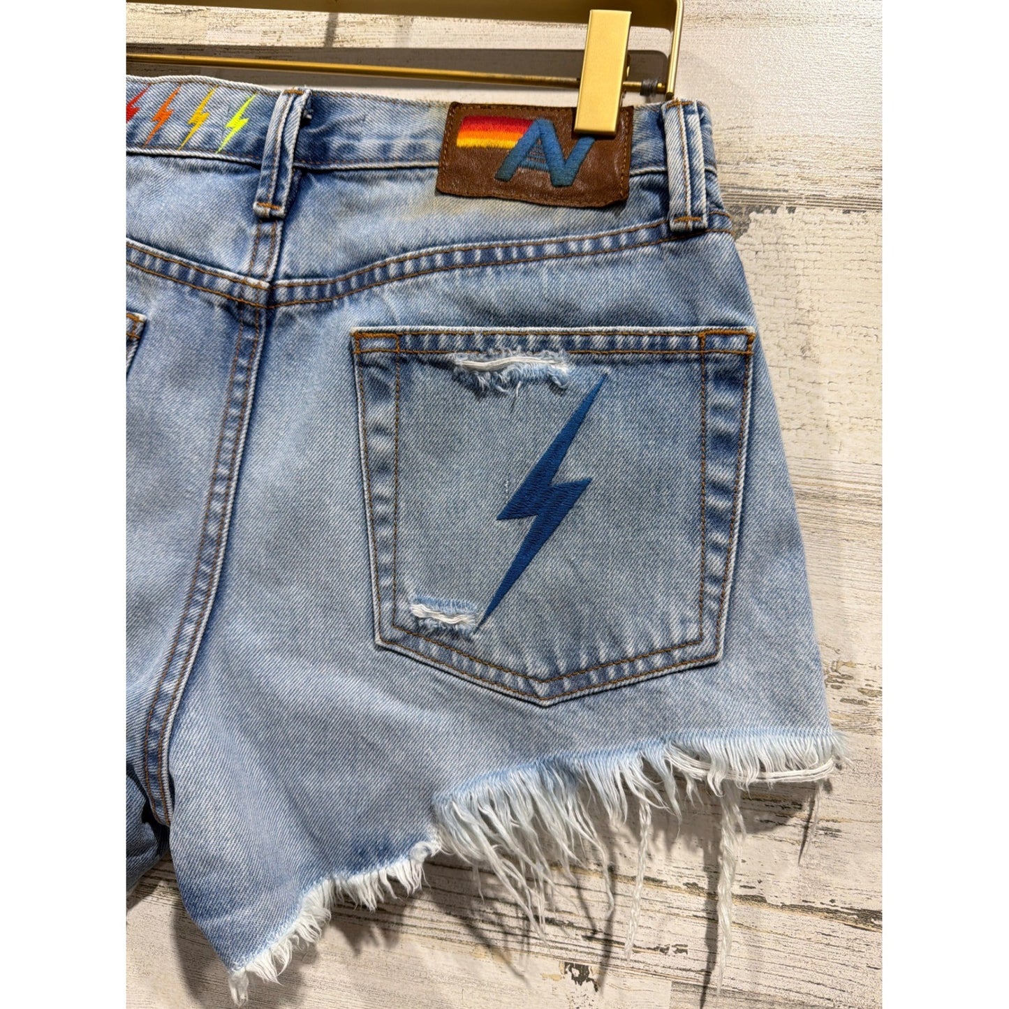 Aviation Nation Denim Shorts Women 24 Blue Distressed Patch Lightning Bolt*6