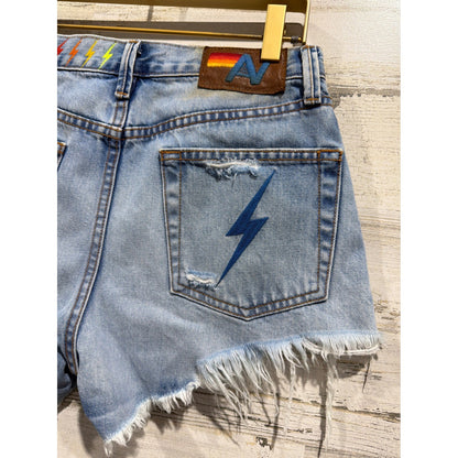 Aviation Nation Denim Shorts Women 24 Blue Distressed Patch Lightning Bolt*6