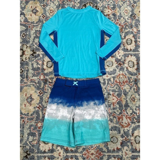 Lands End Wonder Nation Swim Set Boys 6/7 Blue Ombre Rash Guard Shorts0