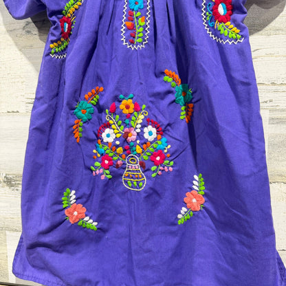 Mexican Folk Art Dress Girls 5-6 Purple Floral Embroidered Boho EUC2