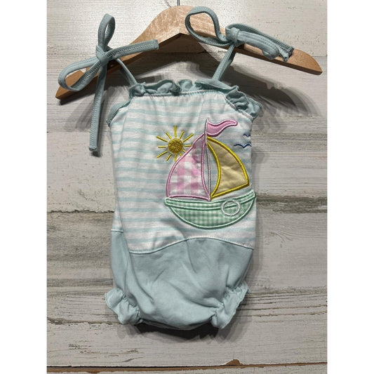 Abby & Evie Sailboat Romper Baby Girl 3M Blue Striped Nautical Sun EUC0