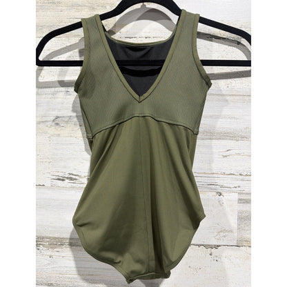 Danz N Motion Leotard Girls 12-14 Olive Green Ribbed Dancewear EUC2